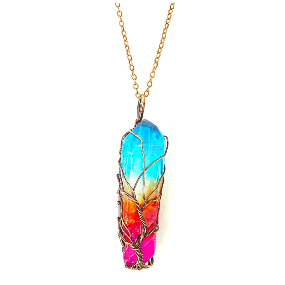 NWT Rainbow Crystal Tree Of Life Chakra Necklace.